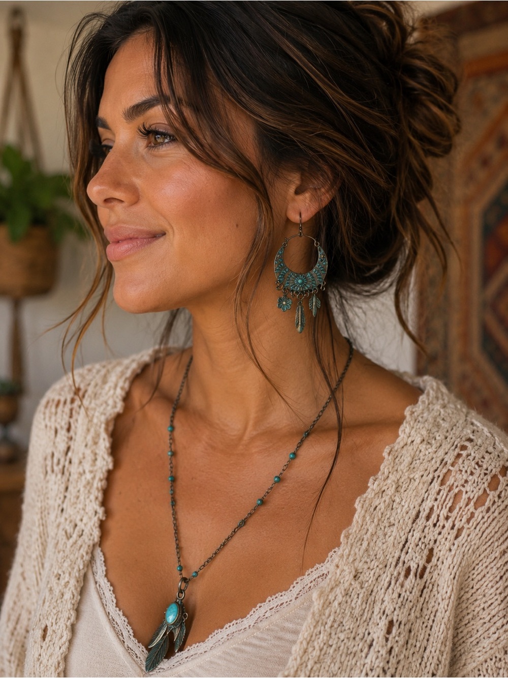 3 Pairs of Bronze Teal Boho earrings. Bronzed metal! Pretty boho earrings.